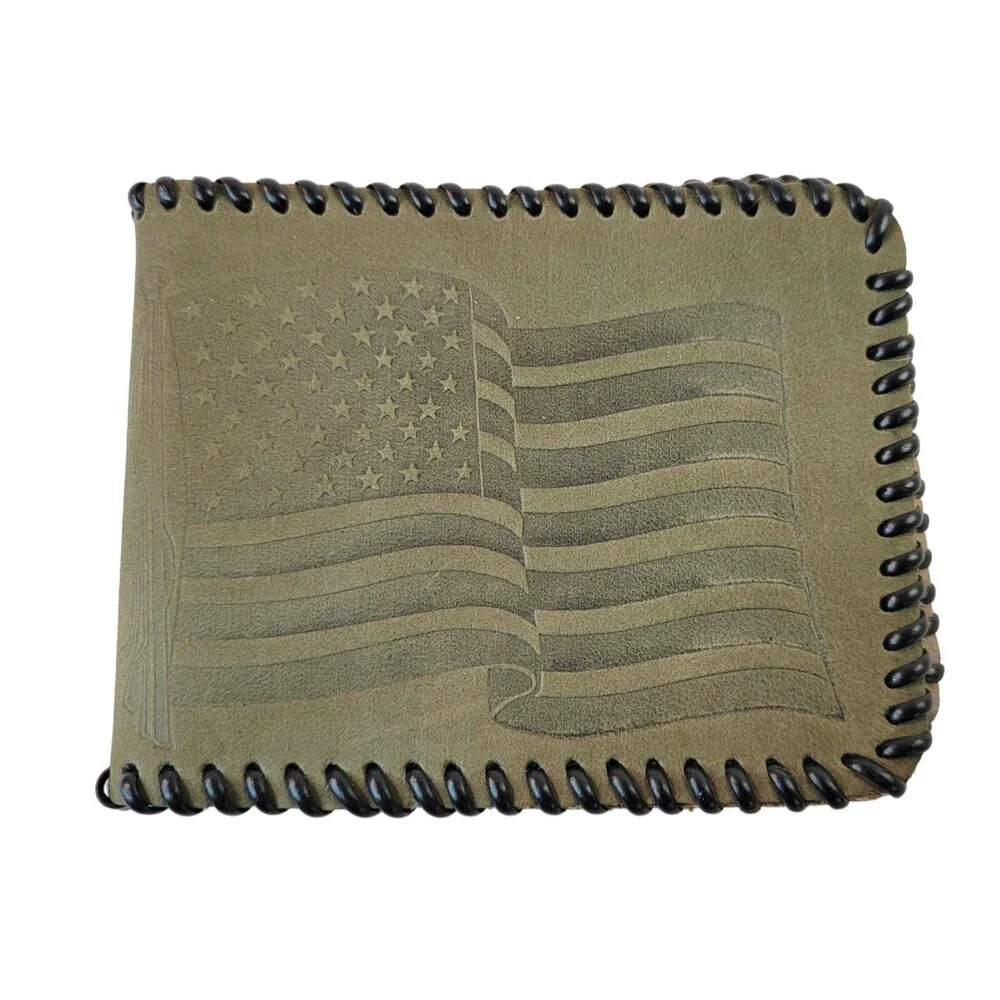 PROUD TO BE AN AMERICAN VETERAN! Handmade Gray Leather Billfold Wallet Bifold